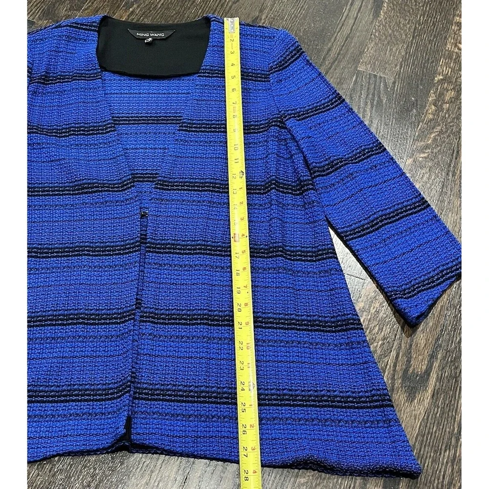 MING WANG Jacket‎ Women's Medium Blue Striped Knit Top Hook Closure Asymmetrical